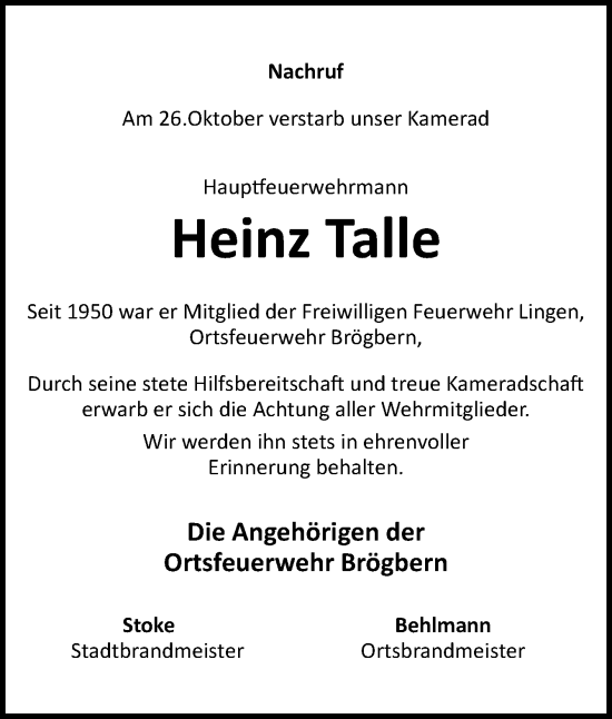 Traueranzeige von Heinz Talle von Neue Osnabrücker Zeitung GmbH & Co. KG