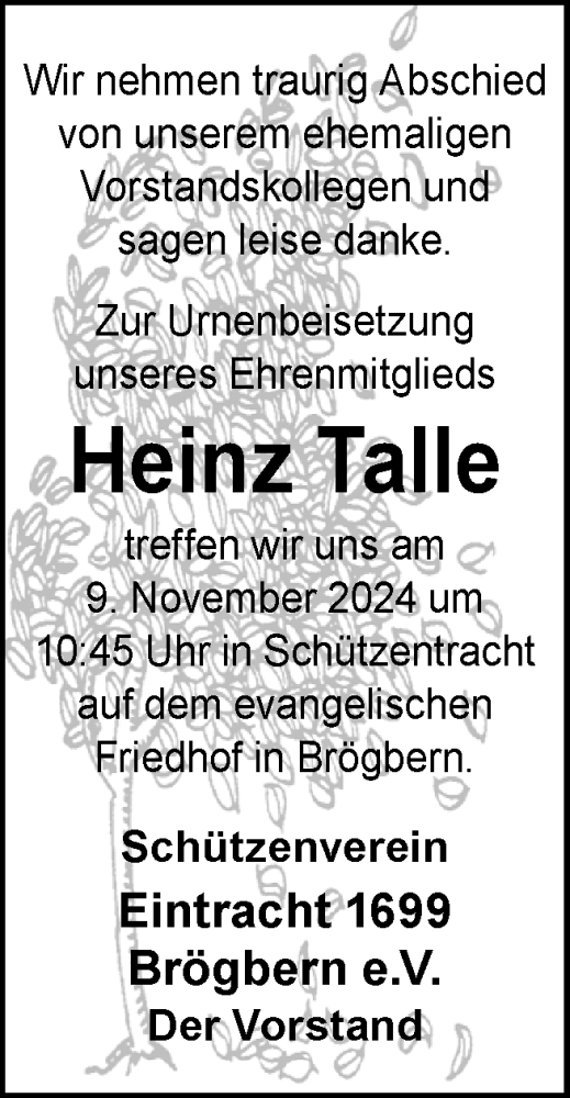 Traueranzeige von Heinz Talle von Neue Osnabrücker Zeitung GmbH & Co. KG