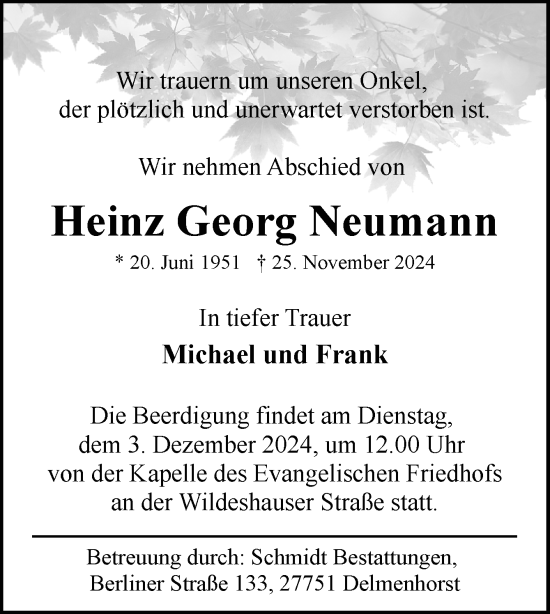 Traueranzeige von Heinz Georg Neumann von DK Medien GmbH & Co. KG