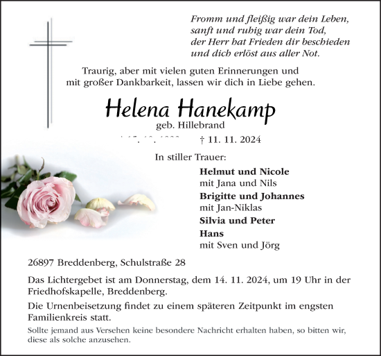 Traueranzeige von Helena Hanekamp von Neue Osnabrücker Zeitung GmbH & Co. KG