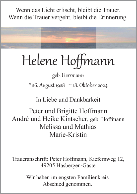 Traueranzeige von Helene Hoffmann von Neue Osnabrücker Zeitung GmbH & Co. KG