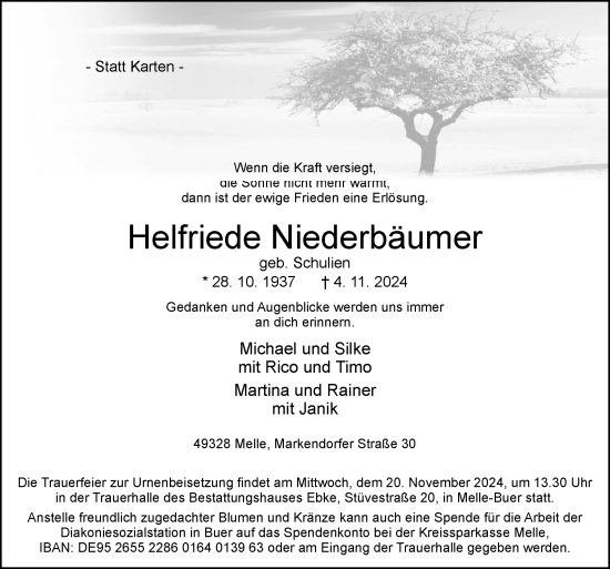 Traueranzeige von Helfriede Niederbäumer von Neue Osnabrücker Zeitung GmbH & Co. KG