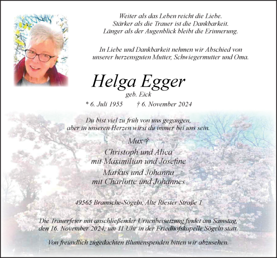 Traueranzeige von Helga Egger von Neue Osnabrücker Zeitung GmbH & Co. KG