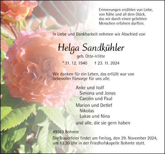 Traueranzeige von Helga Sandkühler von Neue Osnabrücker Zeitung GmbH & Co. KG