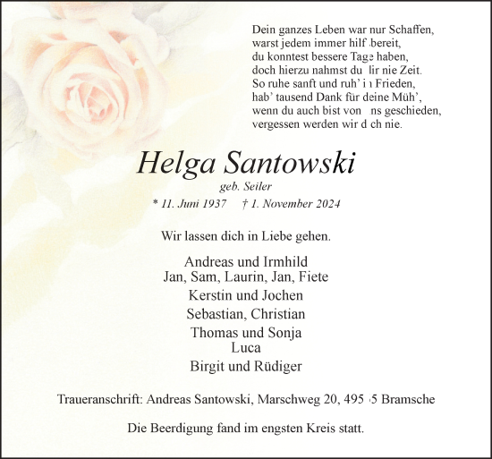 Traueranzeige von Helga Santowski von Neue Osnabrücker Zeitung GmbH & Co. KG