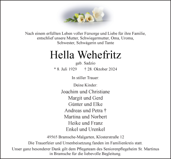 Traueranzeige von Hella Wehefritz von Neue Osnabrücker Zeitung GmbH & Co. KG