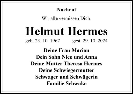 Traueranzeige von Helmut Hermes von Neue Osnabrücker Zeitung GmbH & Co. KG