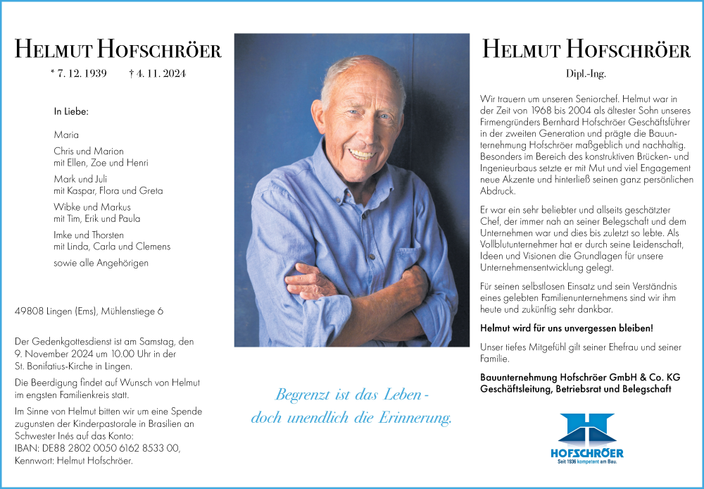  Traueranzeige für Helmut Hofschröer vom 06.11.2024 aus Neue Osnabrücker Zeitung GmbH & Co. KG