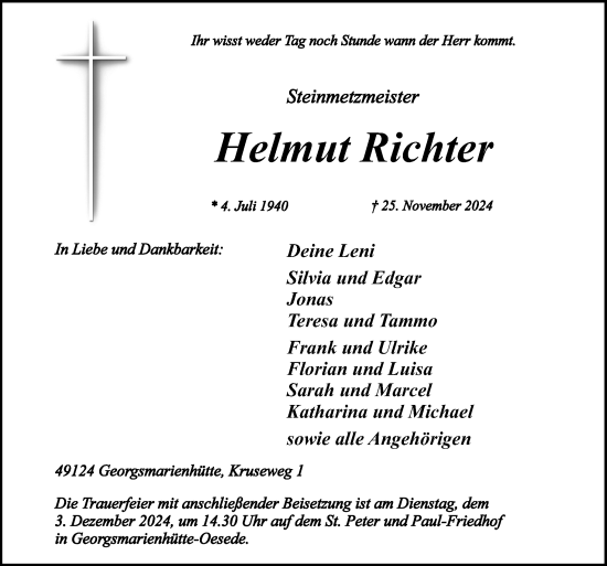 Traueranzeige von Helmut Richter von Neue Osnabrücker Zeitung GmbH & Co. KG