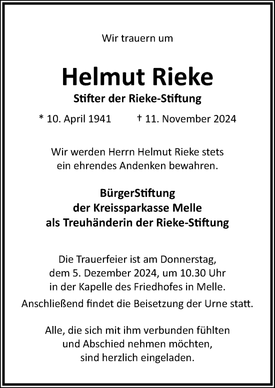 Traueranzeige von Helmut Rieke von Neue Osnabrücker Zeitung GmbH & Co. KG