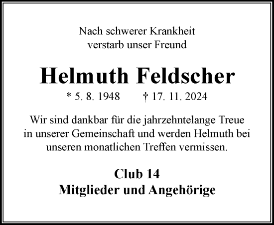 Traueranzeige von Helmuth Feldscher von Neue Osnabrücker Zeitung GmbH & Co. KG