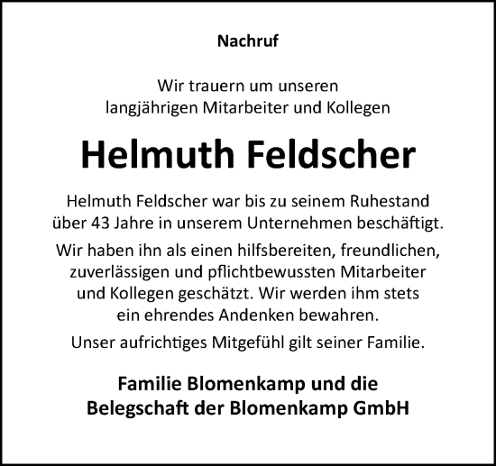 Traueranzeige von Helmuth Feldscher von Neue Osnabrücker Zeitung GmbH & Co. KG