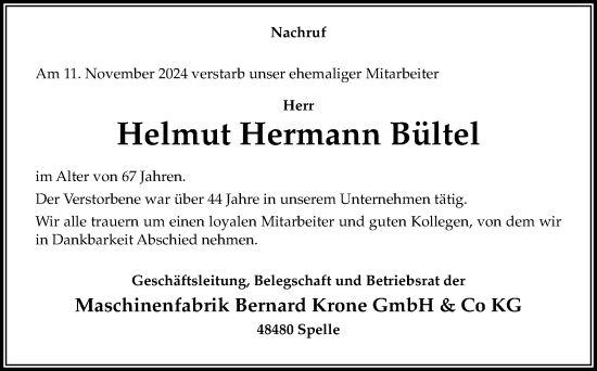 Traueranzeige von Helmut Hermann Bültel von Neue Osnabrücker Zeitung GmbH & Co. KG