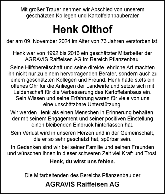 Traueranzeige von Henk Olthof von Neue Osnabrücker Zeitung GmbH & Co. KG