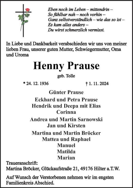 Traueranzeige von Henny Prause von Neue Osnabrücker Zeitung GmbH & Co. KG