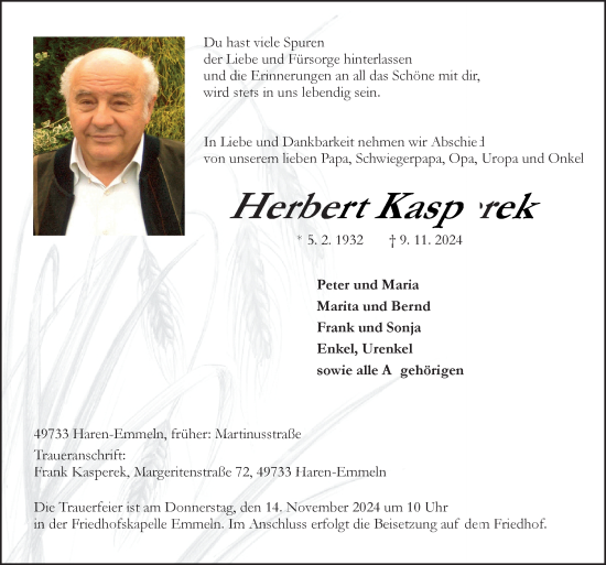 Traueranzeige von Herbert Kasperek von Neue Osnabrücker Zeitung GmbH & Co. KG