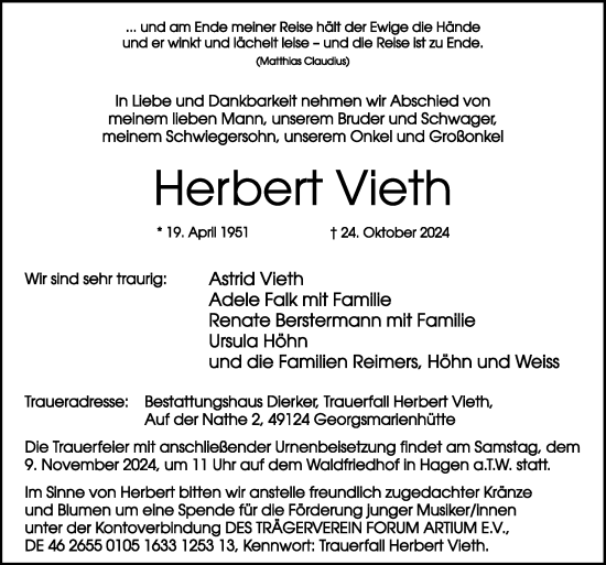 Traueranzeige von Herbert Vieth von Neue Osnabrücker Zeitung GmbH & Co. KG