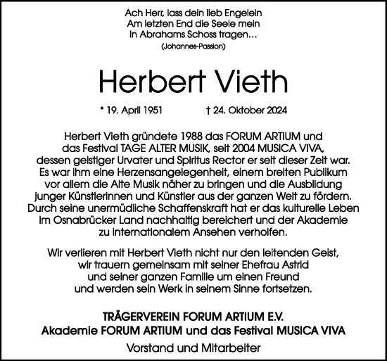 Traueranzeige von Herbert Vieth von Neue Osnabrücker Zeitung GmbH & Co. KG