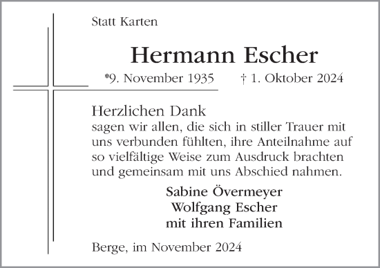 Traueranzeige von Hermann Escher von Neue Osnabrücker Zeitung GmbH & Co. KG