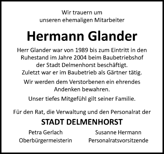 Traueranzeige von Hermann Glander von DK Medien GmbH & Co. KG