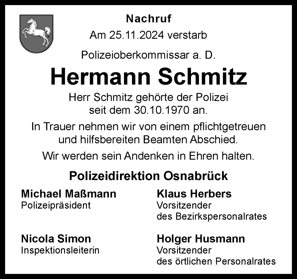  Traueranzeige für Hermann Schmitz vom 29.11.2024 aus Neue Osnabrücker Zeitung GmbH & Co. KG