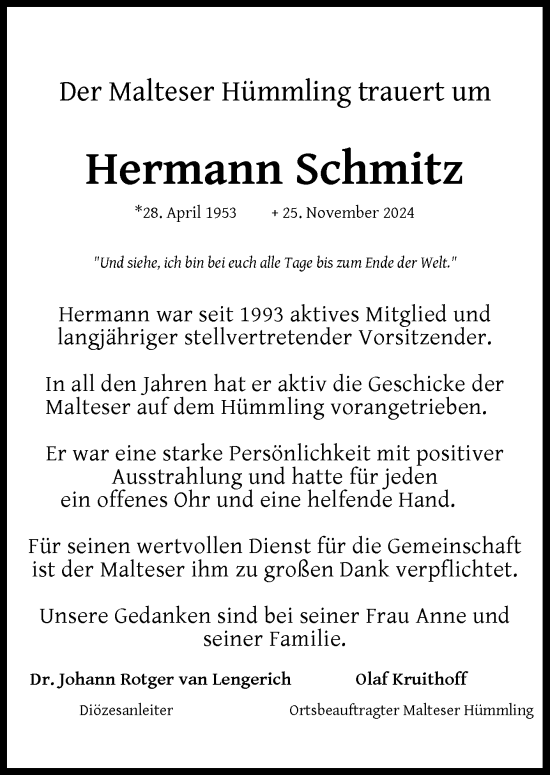 Traueranzeige von Hermann Schmitz von Neue Osnabrücker Zeitung GmbH & Co. KG