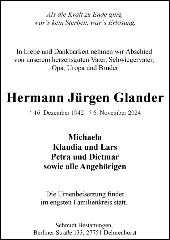 Traueranzeige von Hermann Jürgen Glander von DK Medien GmbH & Co. KG