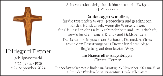 Traueranzeige von Hildegard Detmer von Neue Osnabrücker Zeitung GmbH & Co. KG