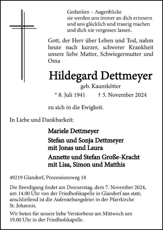 Traueranzeige von Hildegard Dettmeyer von Neue Osnabrücker Zeitung GmbH & Co. KG