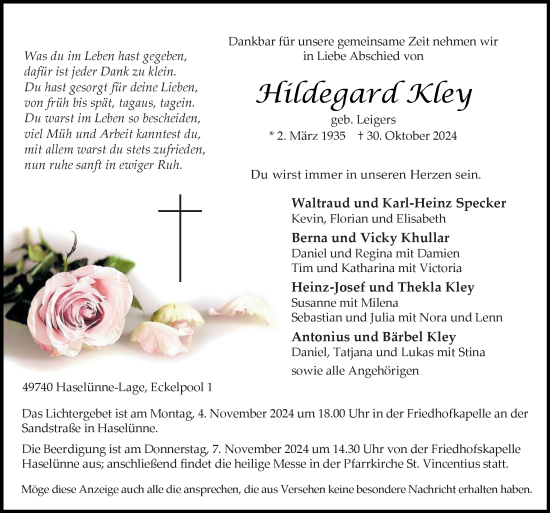 Traueranzeige von Hildegard Kley von Neue Osnabrücker Zeitung GmbH & Co. KG