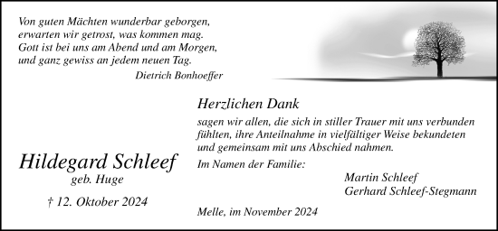 Traueranzeige von Hildegard Schleef von Neue Osnabrücker Zeitung GmbH & Co. KG