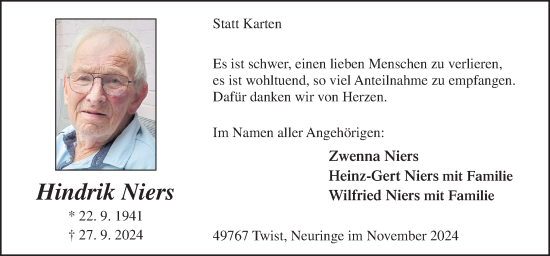 Traueranzeige von Hindrik Niers von Neue Osnabrücker Zeitung GmbH & Co. KG