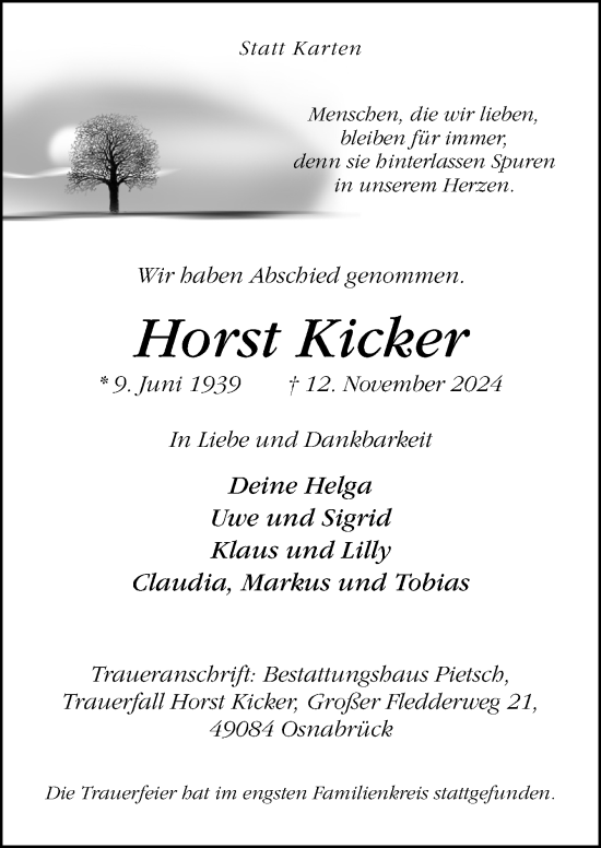 Traueranzeige von Horst Kicker von Neue Osnabrücker Zeitung GmbH & Co. KG