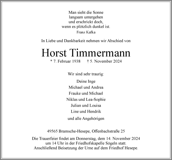 Traueranzeige von Horst Timmermann von Neue Osnabrücker Zeitung GmbH & Co. KG