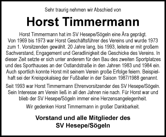 Traueranzeige von Horst Timmermann von Neue Osnabrücker Zeitung GmbH & Co. KG