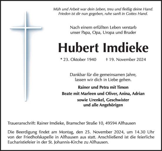 Traueranzeige von Hubert Imdieke von Neue Osnabrücker Zeitung GmbH & Co. KG
