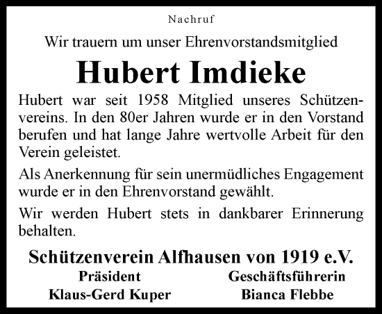 Traueranzeige von Hubert Imdieke von Neue Osnabrücker Zeitung GmbH & Co. KG