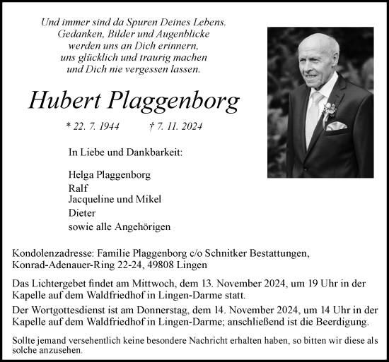 Traueranzeige von Hubert Plaggenborg von Neue Osnabrücker Zeitung GmbH & Co. KG