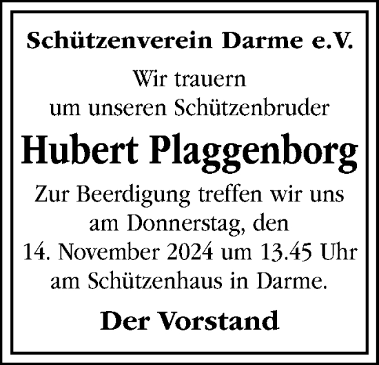 Traueranzeige von Hubert Plaggenborg von Neue Osnabrücker Zeitung GmbH & Co. KG