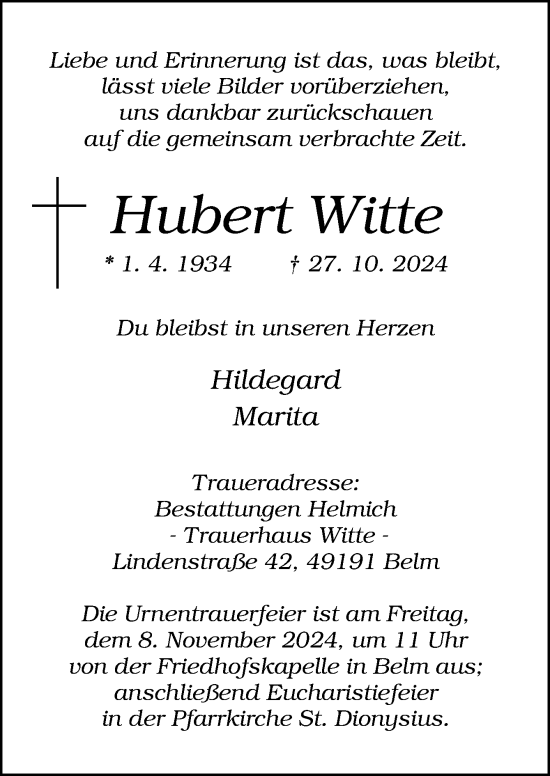 Traueranzeige von Hubert Witte von Neue Osnabrücker Zeitung GmbH & Co. KG