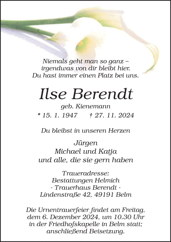 Traueranzeige von Ilse Berendt von Neue Osnabrücker Zeitung GmbH & Co. KG