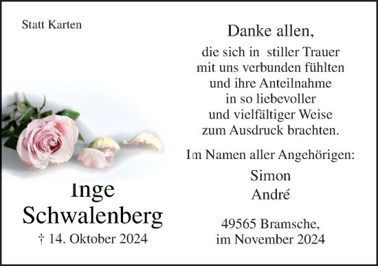 Traueranzeige von Inge Schwalenberg von Neue Osnabrücker Zeitung GmbH & Co. KG