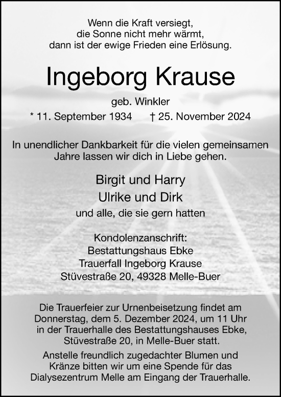 Traueranzeige von Ingeborg Krause von Neue Osnabrücker Zeitung GmbH & Co. KG