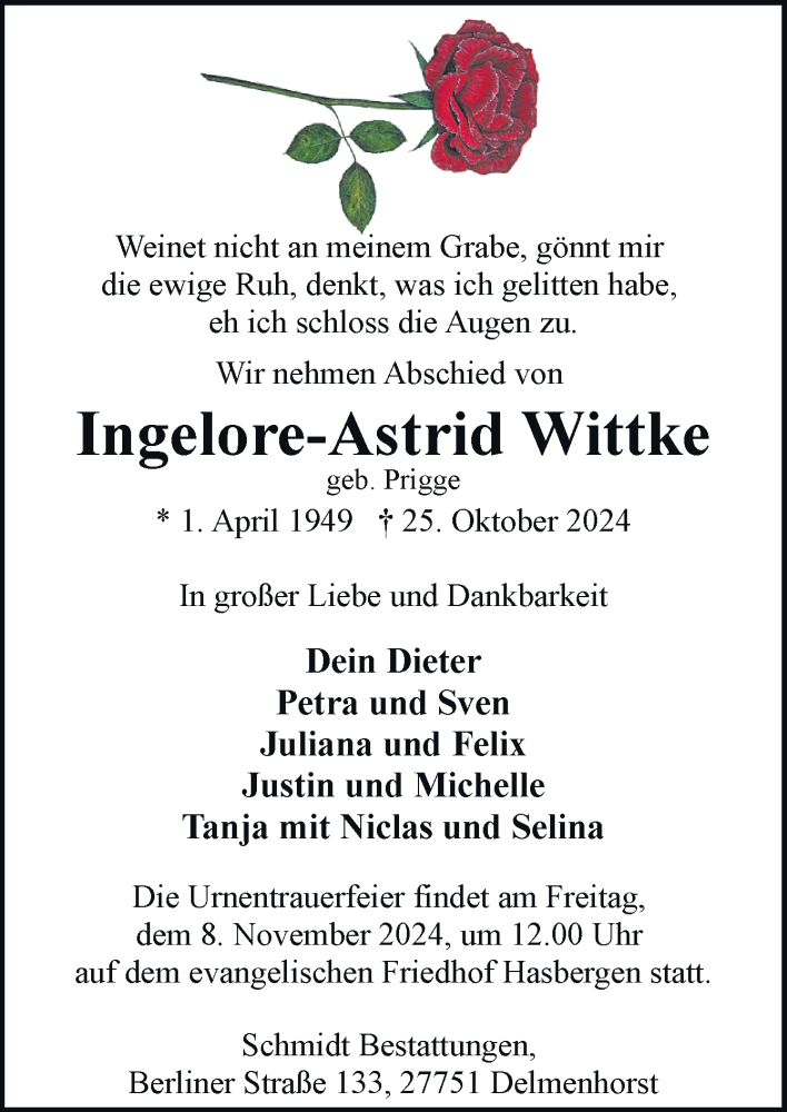  Traueranzeige für Ingelore-Astrid Wittke vom 02.11.2024 aus DK Medien GmbH & Co. KG