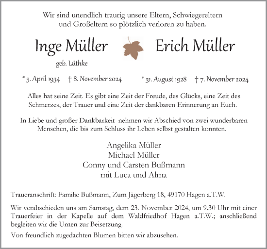 Traueranzeige von Inge und Erich Müller von Neue Osnabrücker Zeitung GmbH & Co. KG