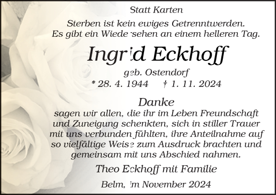 Traueranzeige von Ingrid Eckhoff von Neue Osnabrücker Zeitung GmbH & Co. KG