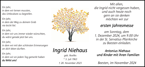 Traueranzeige von Ingrid Niehaus von Neue Osnabrücker Zeitung GmbH & Co. KG