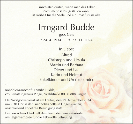 Traueranzeige von Irmgard Budde von Neue Osnabrücker Zeitung GmbH & Co. KG