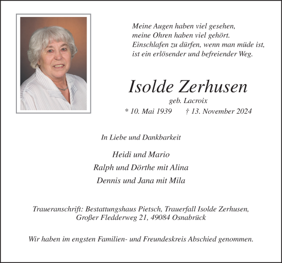 Traueranzeige von Isolde Zerhusen von Neue Osnabrücker Zeitung GmbH & Co. KG