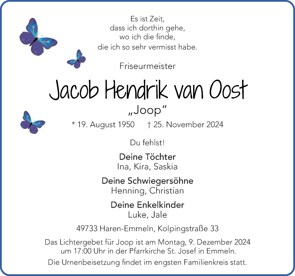  Traueranzeige für Jacob Hendrik van Oost vom 27.11.2024 aus Neue Osnabrücker Zeitung GmbH & Co. KG